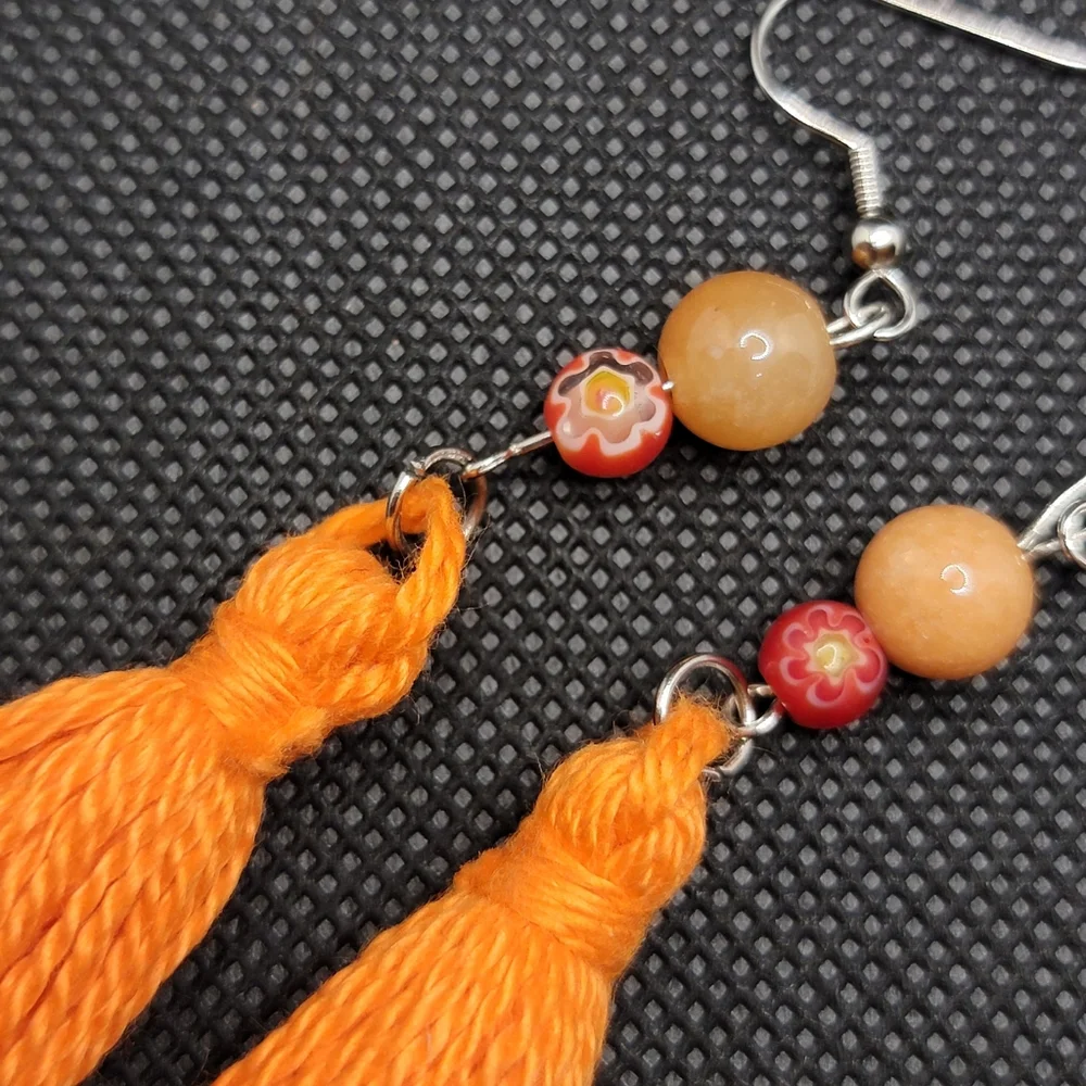 Handmade Tassel Earrings Orange Glass and Stone Bead